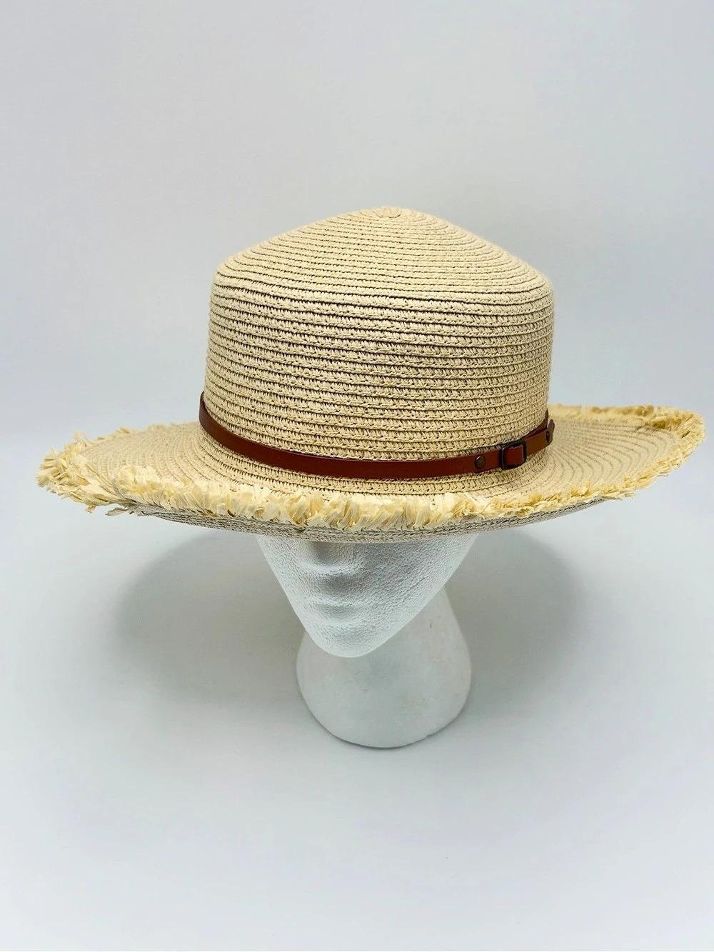 Boho Wide Brim Straw Sun Hat Fringe Edge Brown Belt Band Adjustable